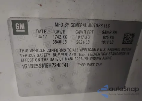 2017 Chevrolet Cruze Lt Auto из США, поврежденный, VIN 1G1BE5SM6H7240141